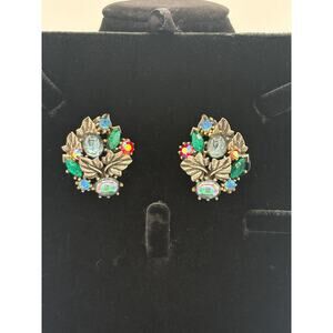 Signed ART Vintage Clip-On Earrings | Mid-Century Floral Rhinestone Cluster